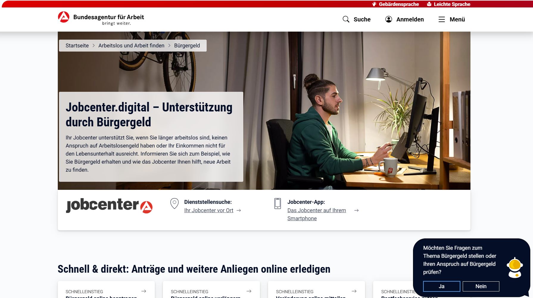 Screenshot der Jobcenter.digital Startseite – hier klicken Sie auf Anmelden.